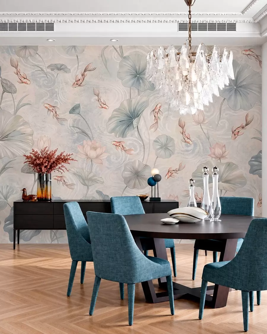 Fototapet Koi-fiskar bland löv och rosa blommor mot en ljus bakgrund w05807