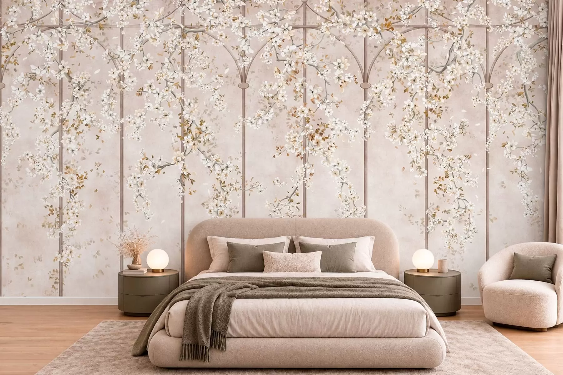 Fototapet Blommande vita grenar på ett dekorativt spaljé w05923