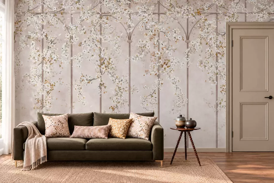 Fototapet Blommande vita grenar på ett dekorativt spaljé w05923
