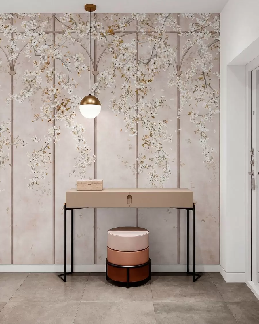 Fototapet Blommande vita grenar på ett dekorativt spaljé w05923