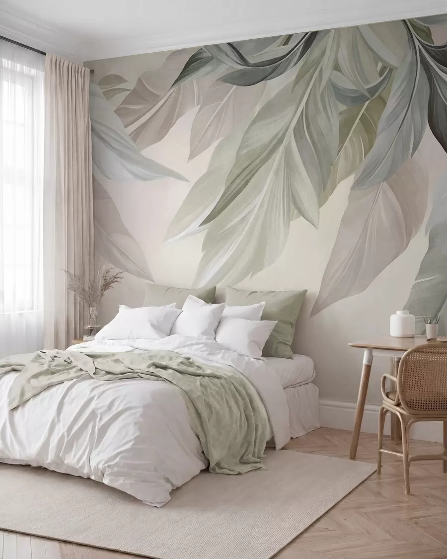 Fototapet Tropiska, stora blad i dämpade nyanser av grönt, beige och rosa, ljus, strukturerad bakgrund w10054
