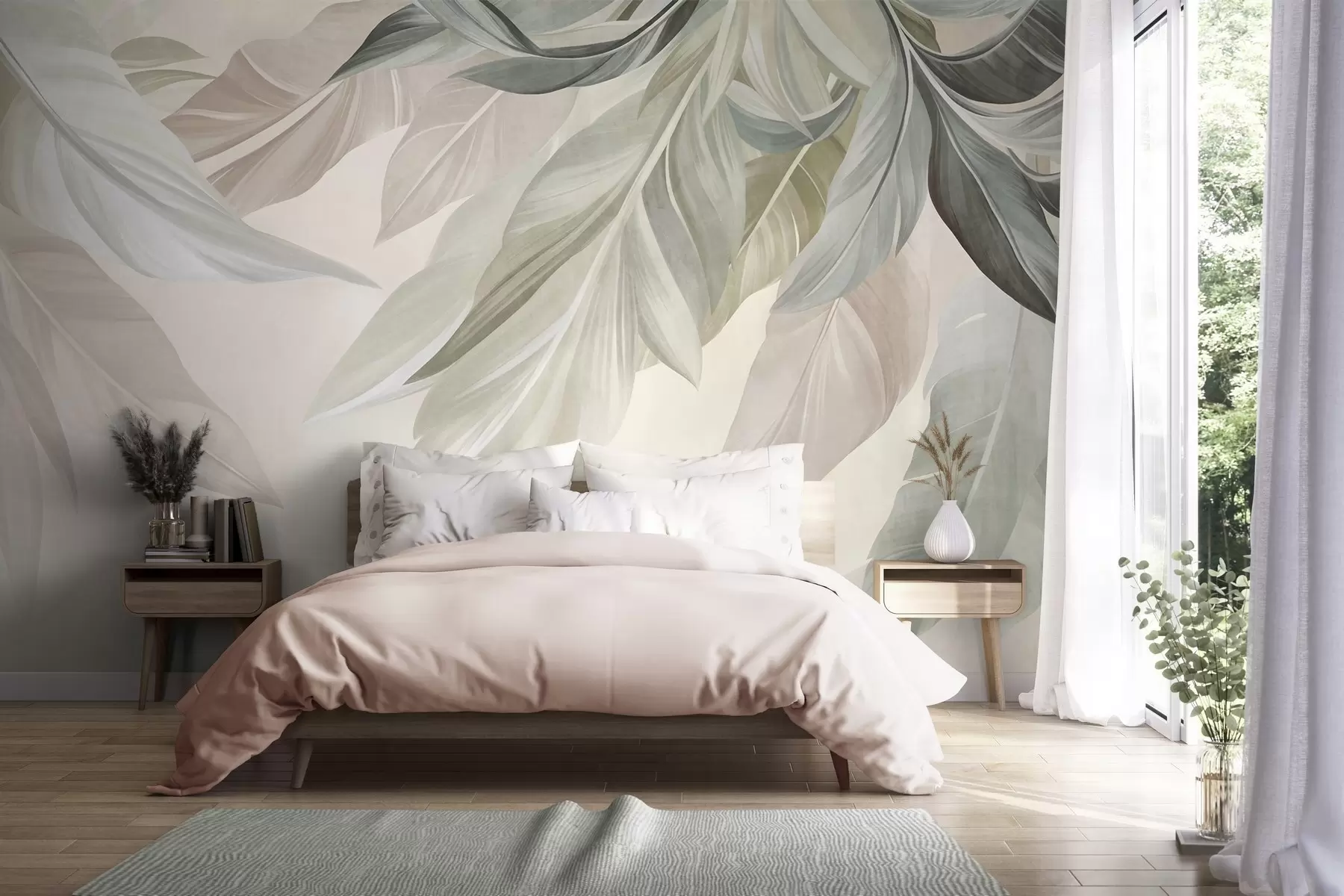 Fototapet Tropiska, stora blad i dämpade nyanser av grönt, beige och rosa, ljus, strukturerad bakgrund w10054