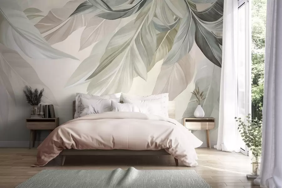 Fototapet Tropiska, stora blad i dämpade nyanser av grönt, beige och rosa, ljus, strukturerad bakgrund w10054