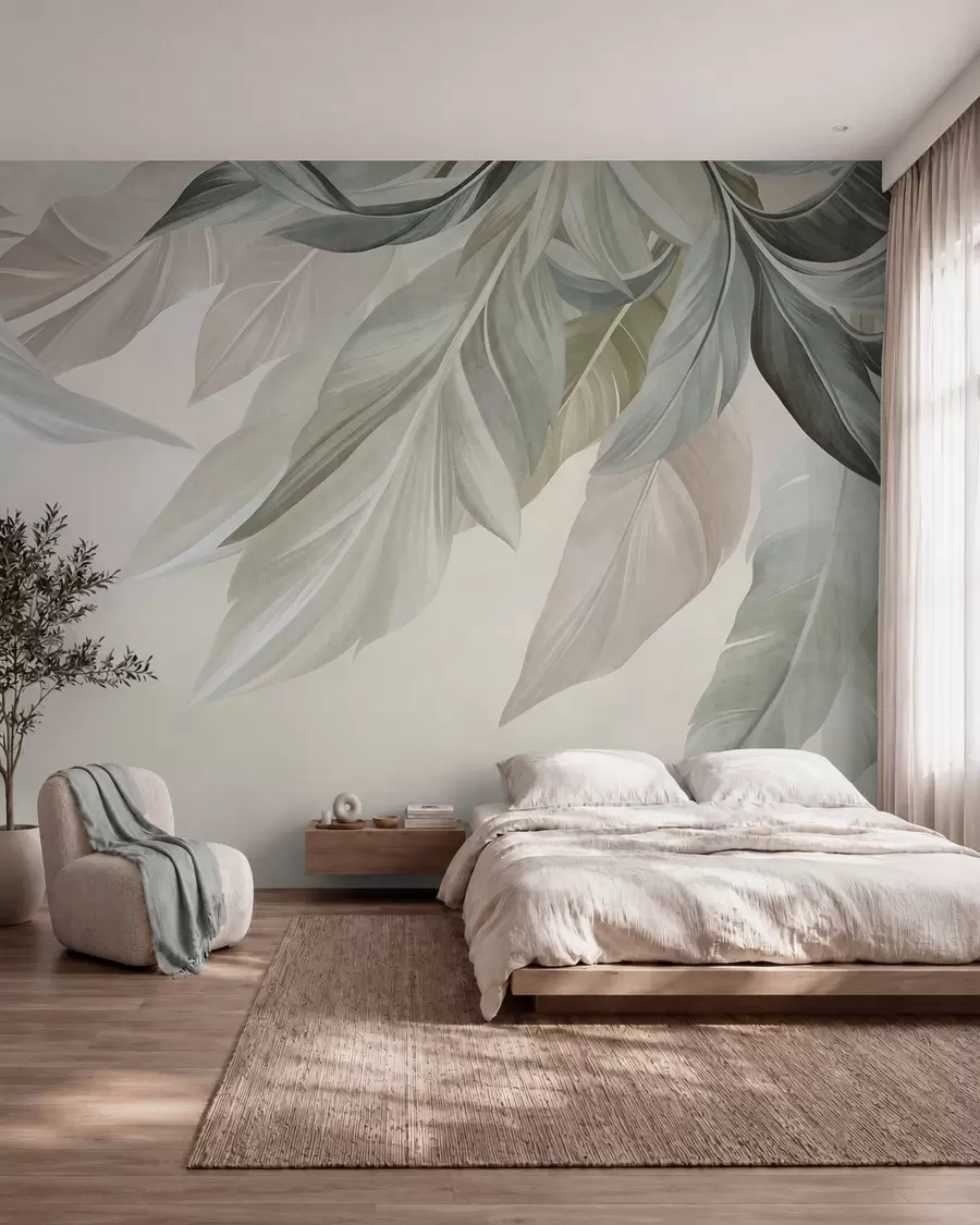 Fototapet Tropiska, stora blad i dämpade nyanser av grönt, beige och rosa, ljus, strukturerad bakgrund w10054