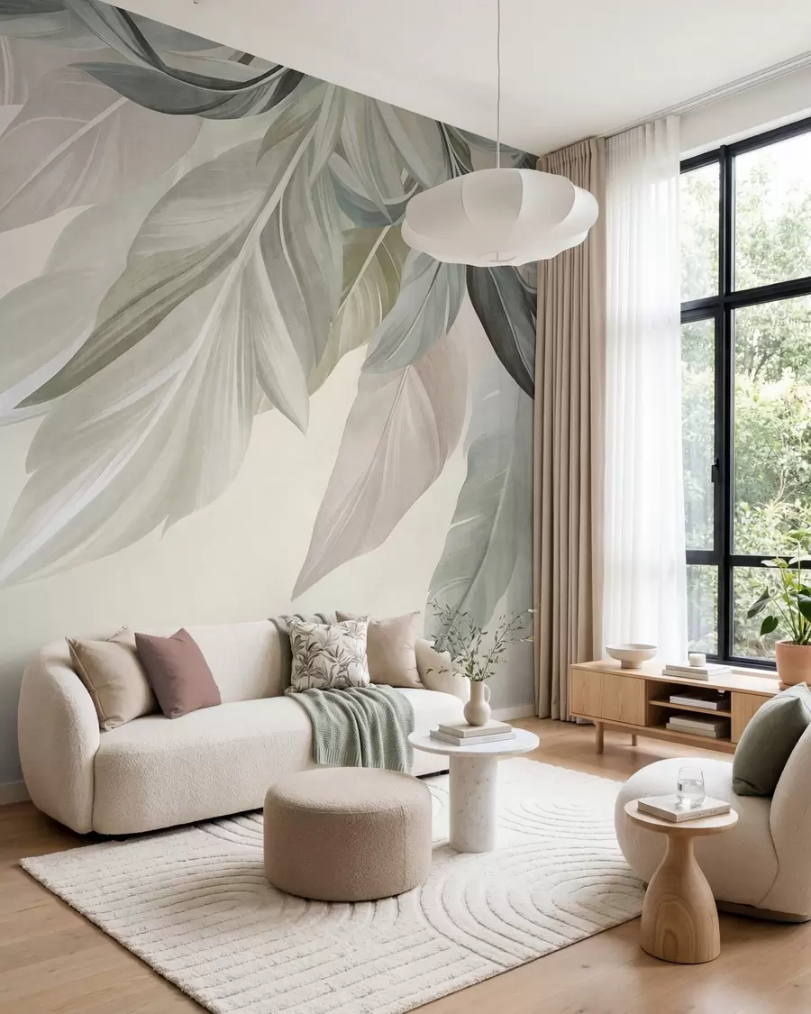 Fototapet Tropiska, stora blad i dämpade nyanser av grönt, beige och rosa, ljus, strukturerad bakgrund w10054