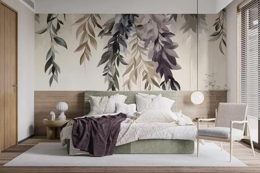 Fototapet Hängande abstrakta blad i nyanser av lila, blått och beige, med långa, tunna stjälkar w10057