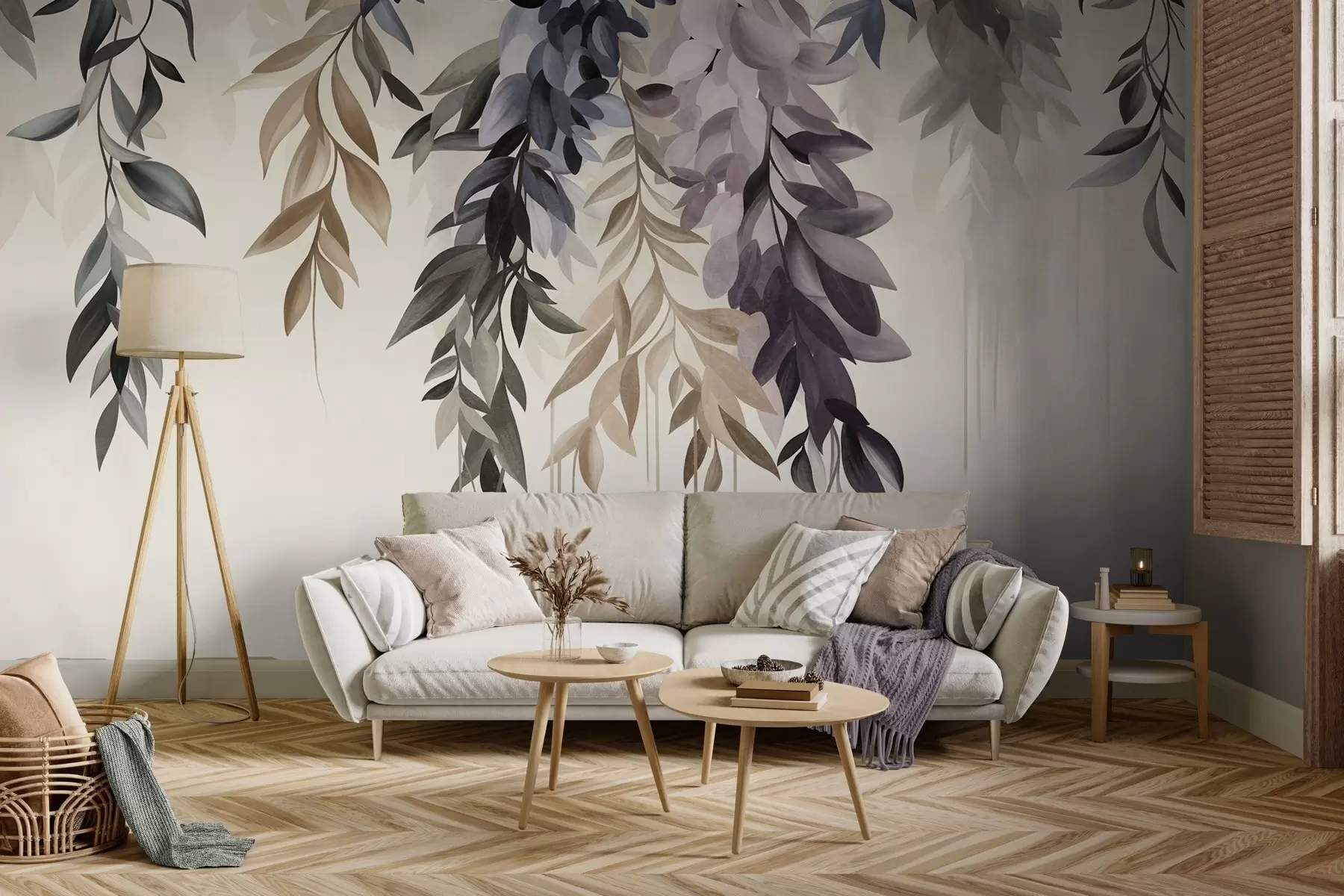 Fototapet Hängande abstrakta blad i nyanser av lila, blått och beige, med långa, tunna stjälkar w10057
