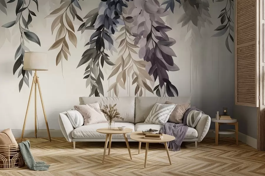 Fototapet Hängande abstrakta blad i nyanser av lila, blått och beige, med långa, tunna stjälkar w10057