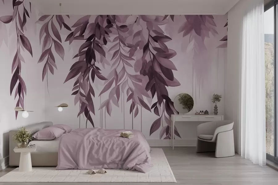 Fototapet Hängande abstrakta blad i olika nyanser av lila och rosa, med långa, smala stjälkar w10057v1