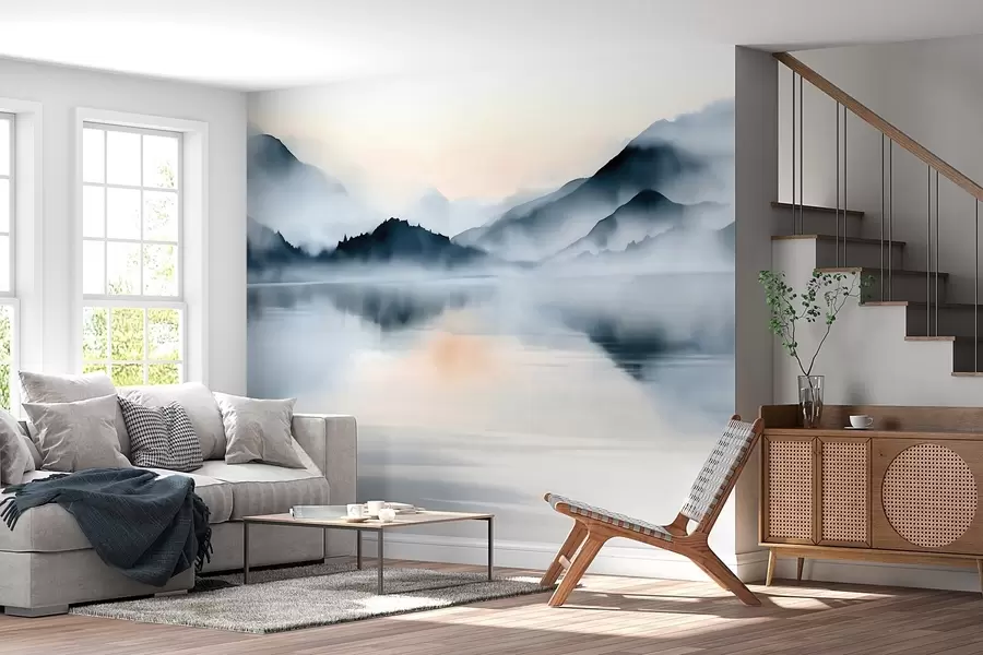 Fototapet En sjö med dimmiga berg i bakgrunden, målad i akvarellstil w10078