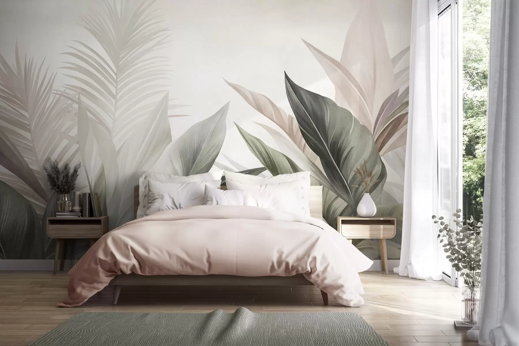 Fototapet Tropiska blad i olika nyanser av grönt och rosa, strukturerade och stora, modern konst w10055