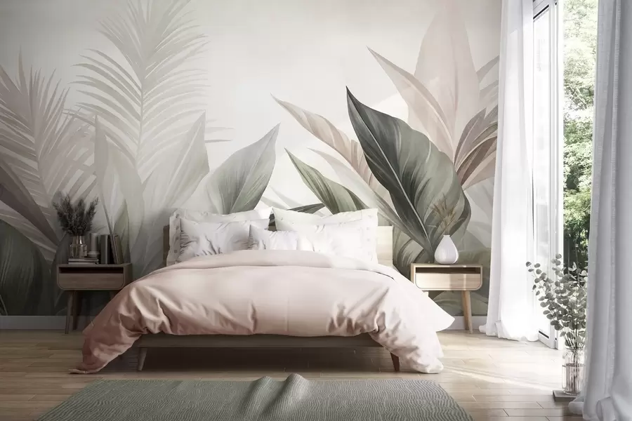 Fototapet Tropiska blad i olika nyanser av grönt och rosa, strukturerade och stora, modern konst w10055