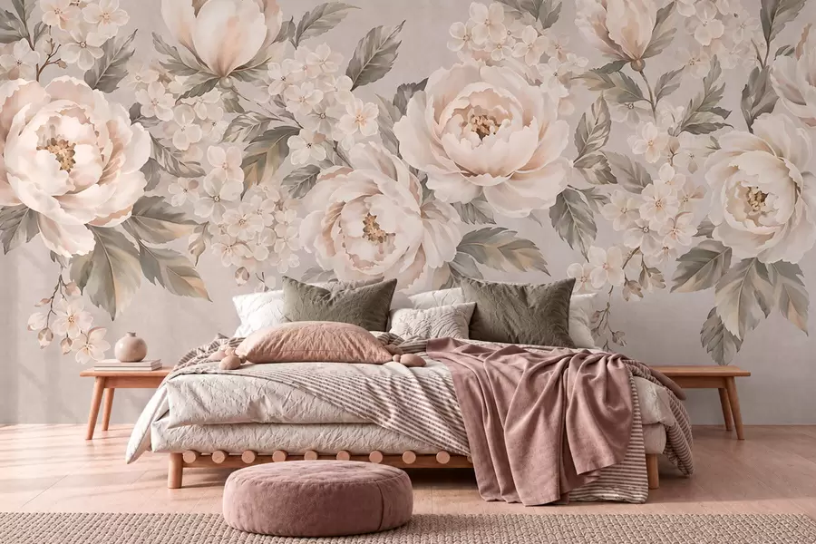 Fototapet Fina krämfärgade blommor och gröna blad i pastellfärger w05926