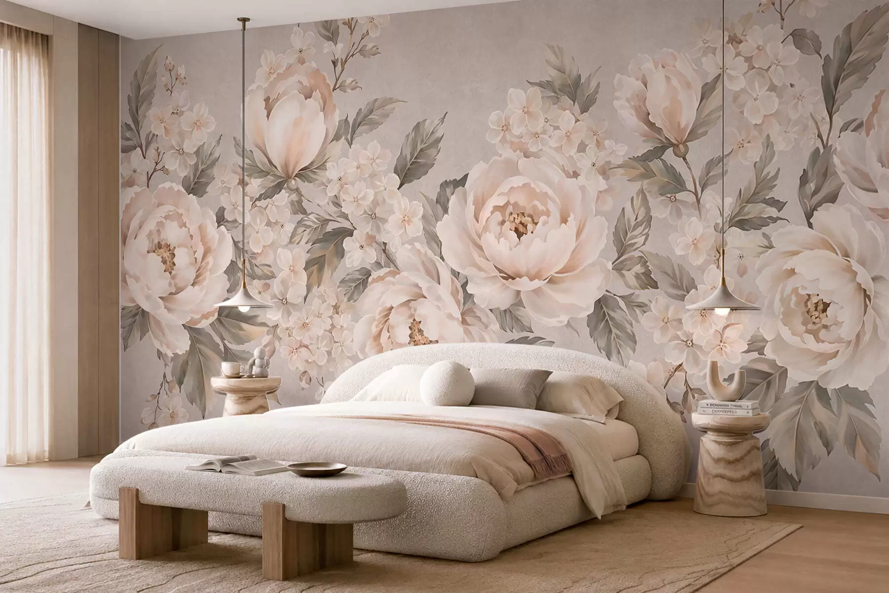 Fototapet Fina krämfärgade blommor och gröna blad i pastellfärger w05926
