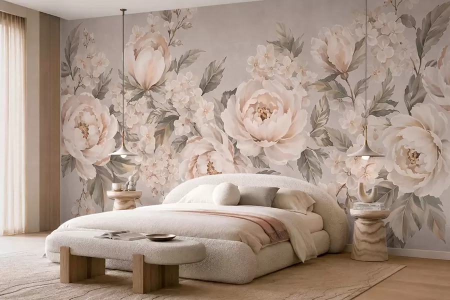 Fototapet Fina krämfärgade blommor och gröna blad i pastellfärger w05926
