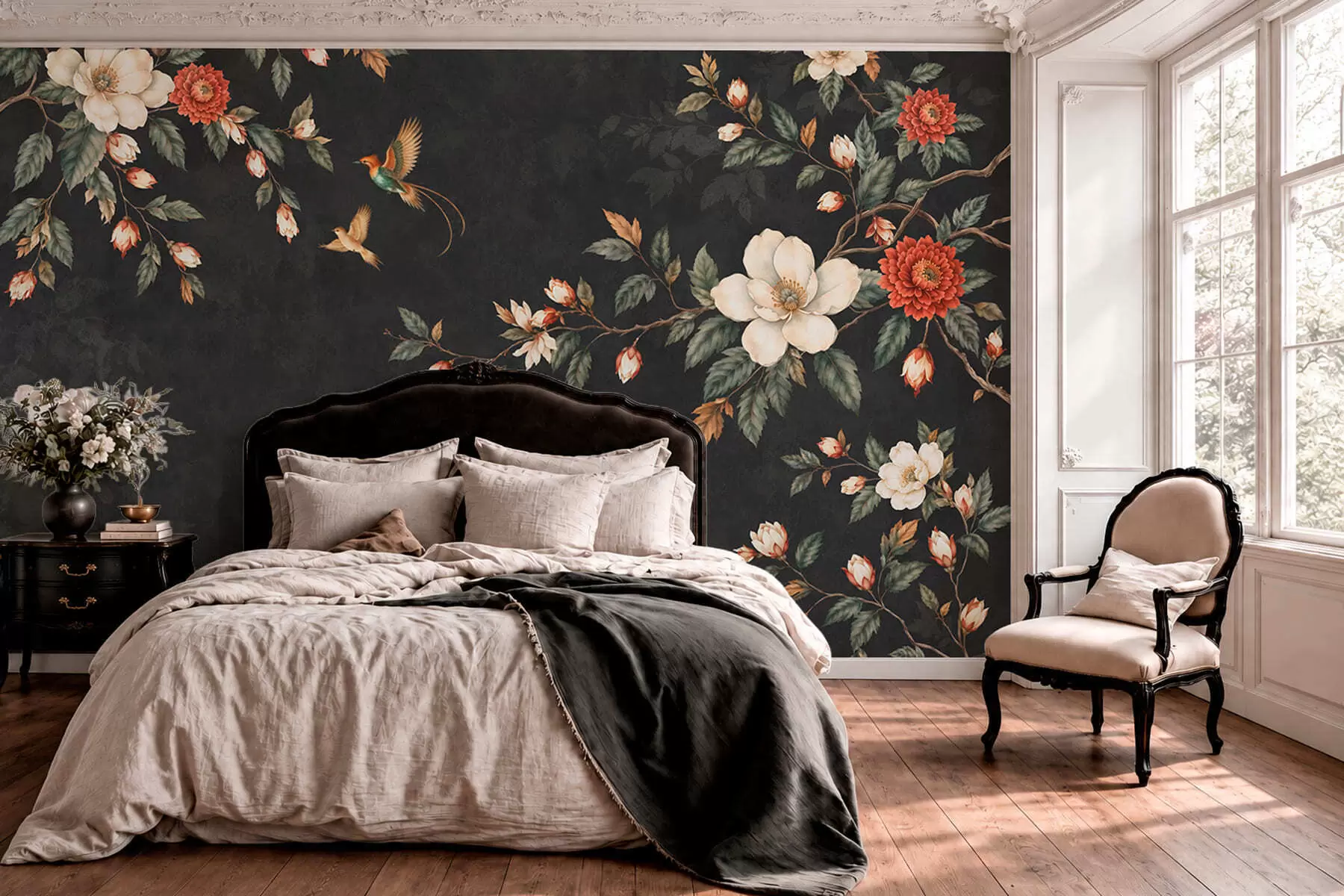 Fototapet Blommande grenar och två fåglar mot en mörk bakgrund w05927