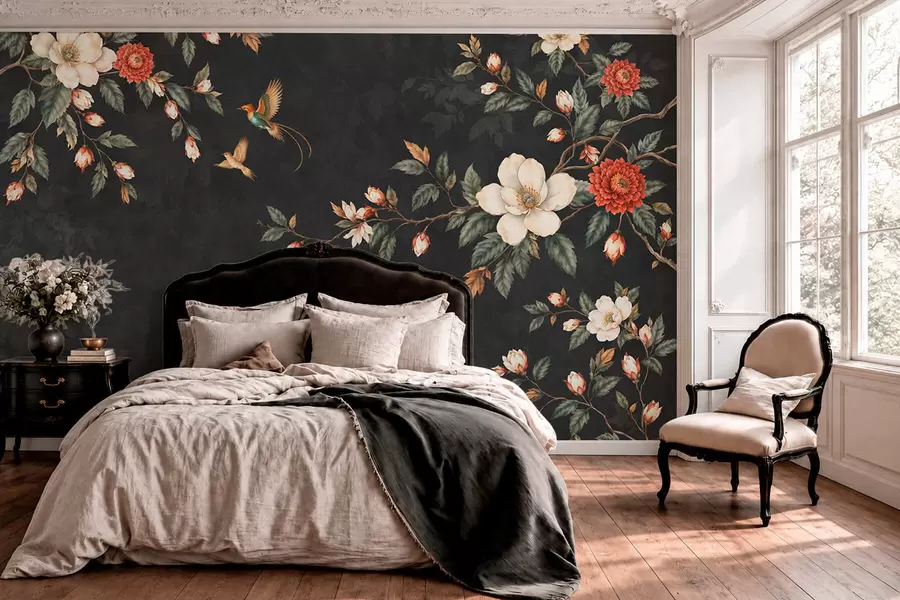Fototapet Blommande grenar och två fåglar mot en mörk bakgrund w05927