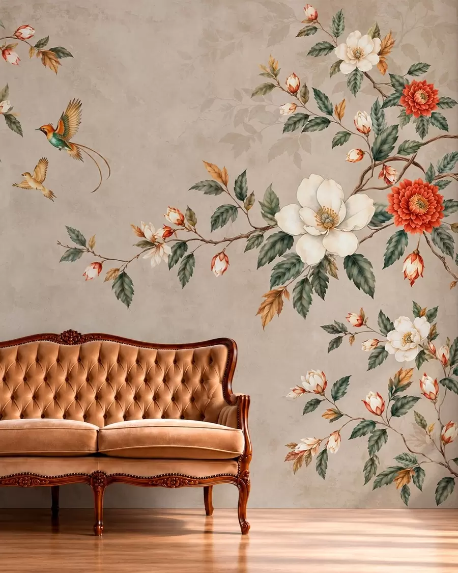 Fototapet Blommande grenar och två fåglar mot en beige bakgrund w05927v2