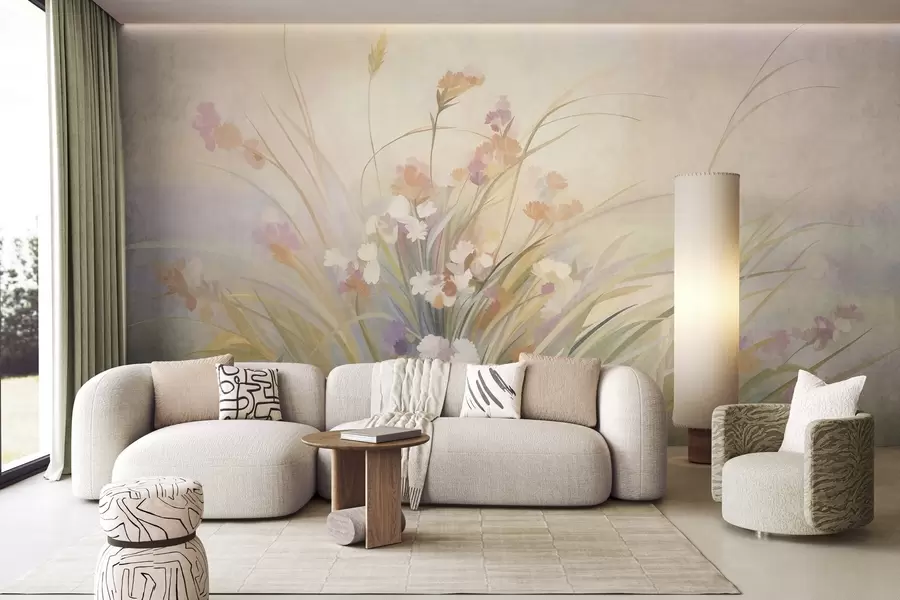 Fototapet Högt gräs och vildblommor i mjuka pastellfärger, texturerad konst w10062