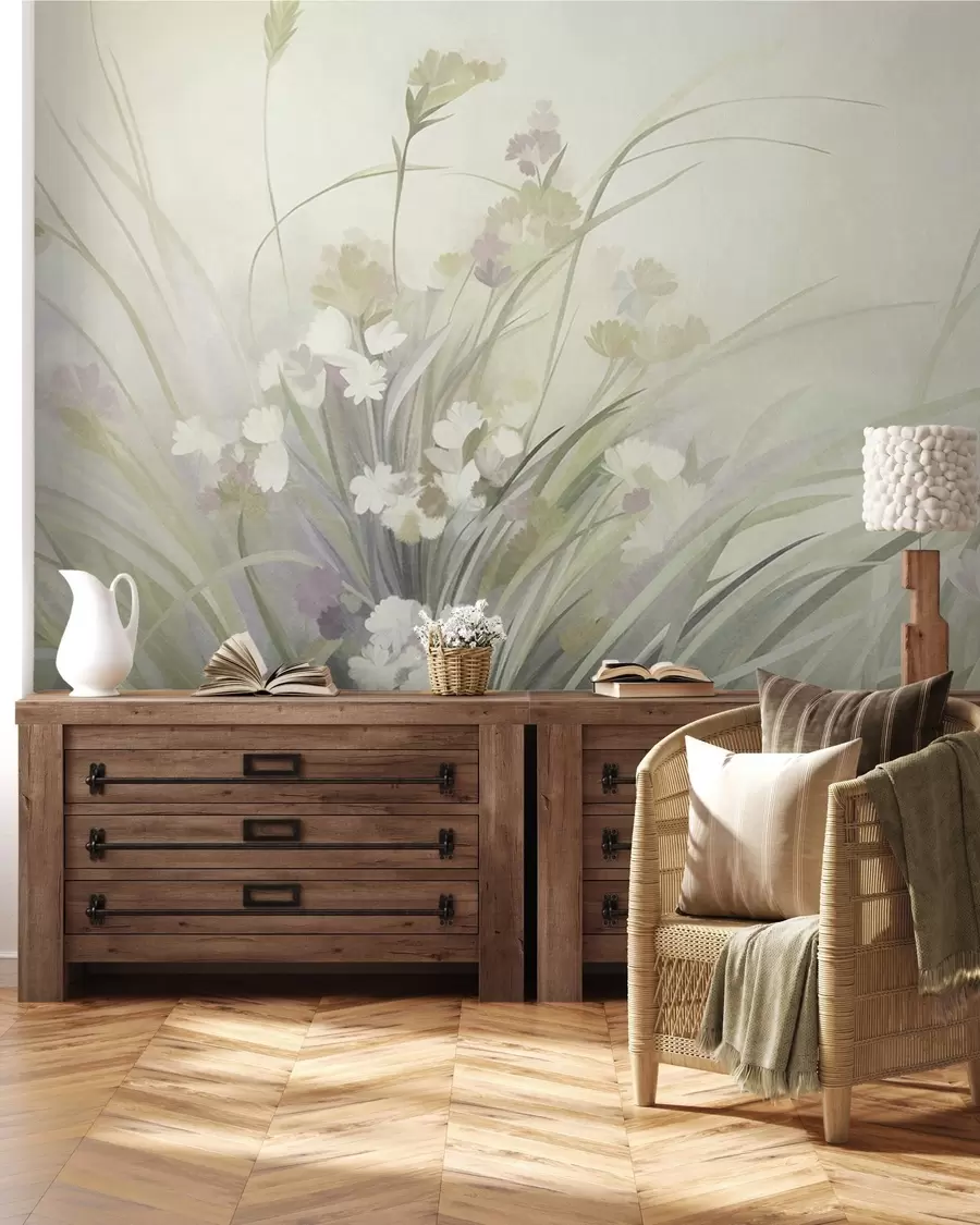 Fototapet Högt gräs och vildblommor i mjuka gröna nyanser, texturerad konst w10062v1
