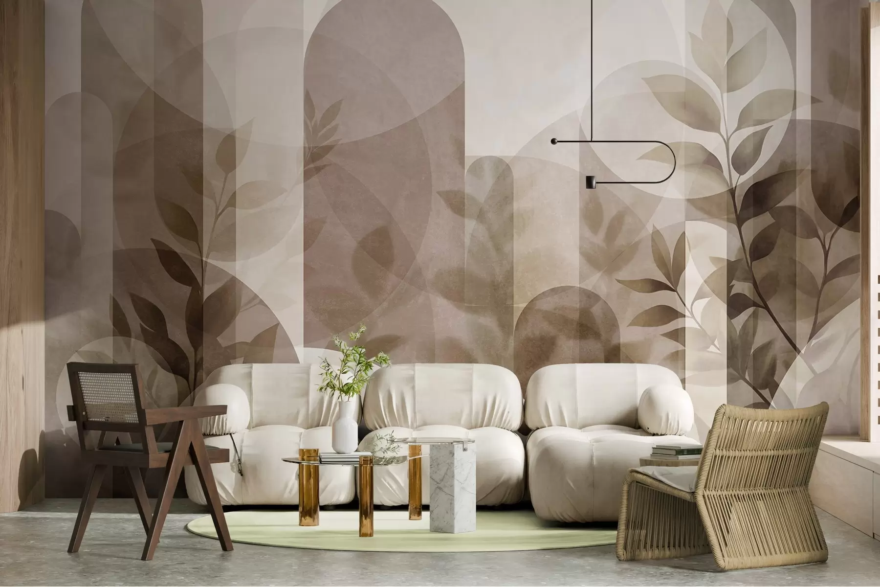 Fototapet Abstrakta geometriska element och späda blad i dämpade bruna och beige nyanser w10088