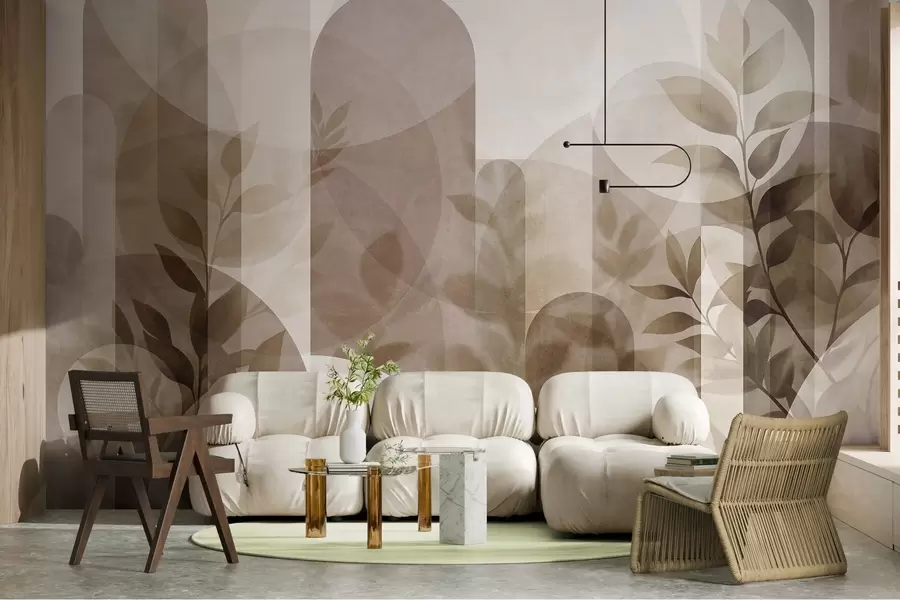 Fototapet Abstrakta geometriska element och späda blad i dämpade bruna och beige nyanser w10088