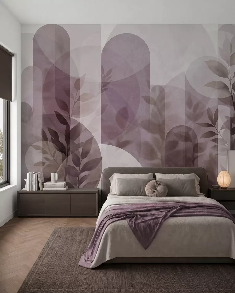Fototapet Abstrakta geometriska element och späda blad i dämpad rosa w10088v2