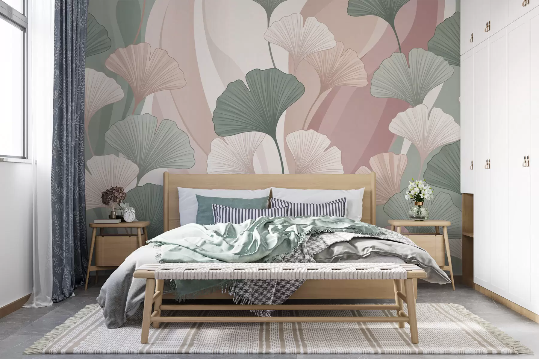 Fototapet Pastellfärgade ginkgoblad mot en abstrakt bakgrund i nyanser av grönt, krämvitt, beige och dammigt rosa w10040