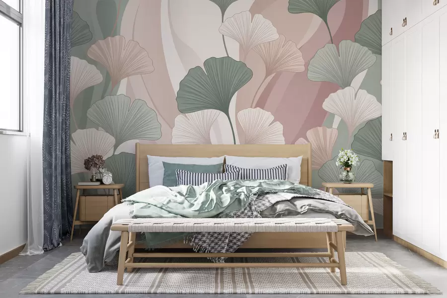 Fototapet Pastellfärgade ginkgoblad mot en abstrakt bakgrund i nyanser av grönt, krämvitt, beige och dammigt rosa w10040