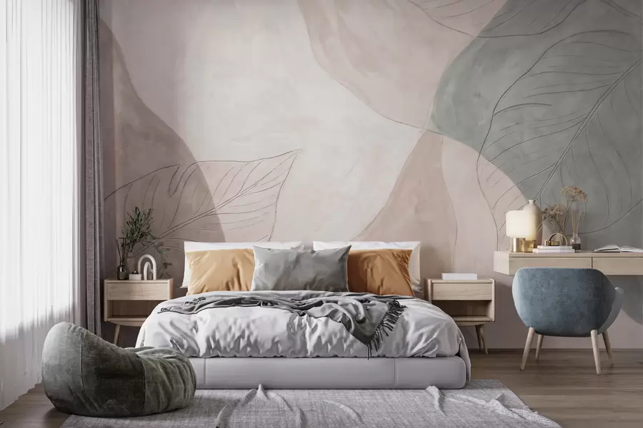 Fototapet Abstrakt botanisk komposition med stora blad och organiska former i nyanser av beige, krämvitt och grönt w10070