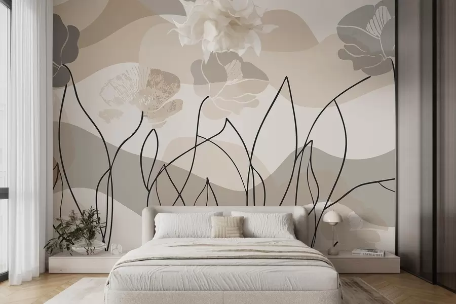 Fototapet Beige abstraktion med konturblommor w09989