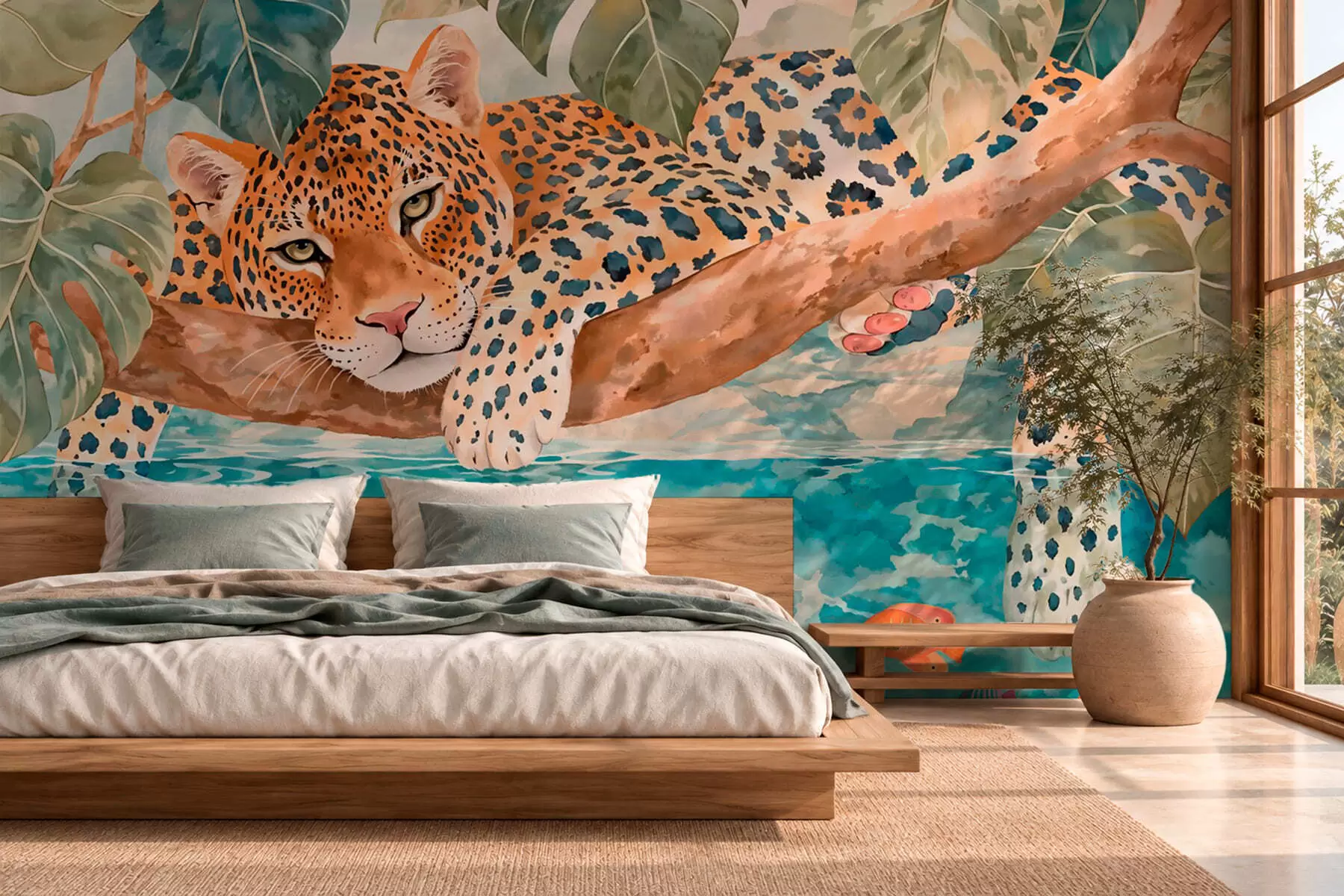 Fototapet Leopard på en gren ovanför vattnet med färgglada fiskar w05954