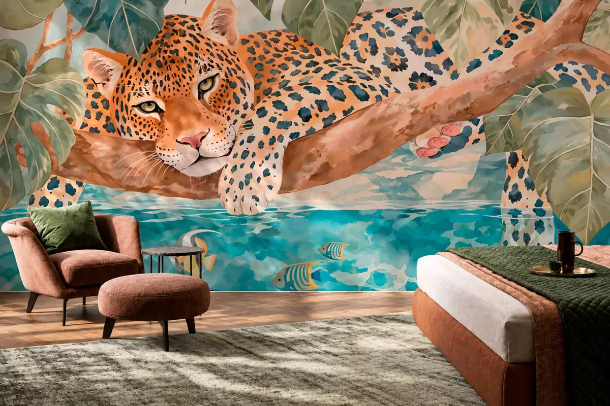 Fototapet Leopard på en gren ovanför vattnet med färgglada fiskar w05954