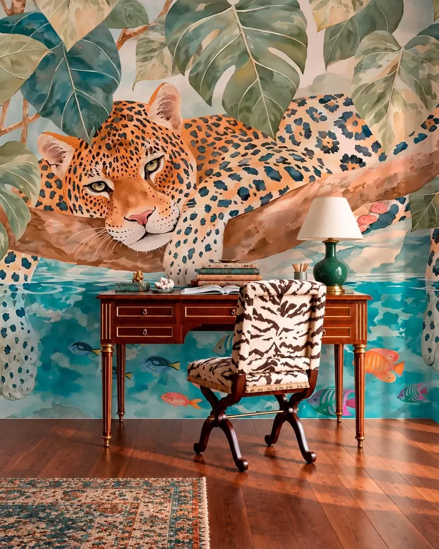 Fototapet Leopard över blått vatten w05954