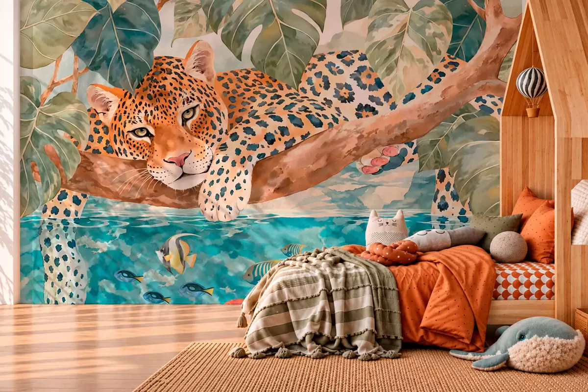 Fototapet Leopard på en gren ovanför vattnet med färgglada fiskar w05954