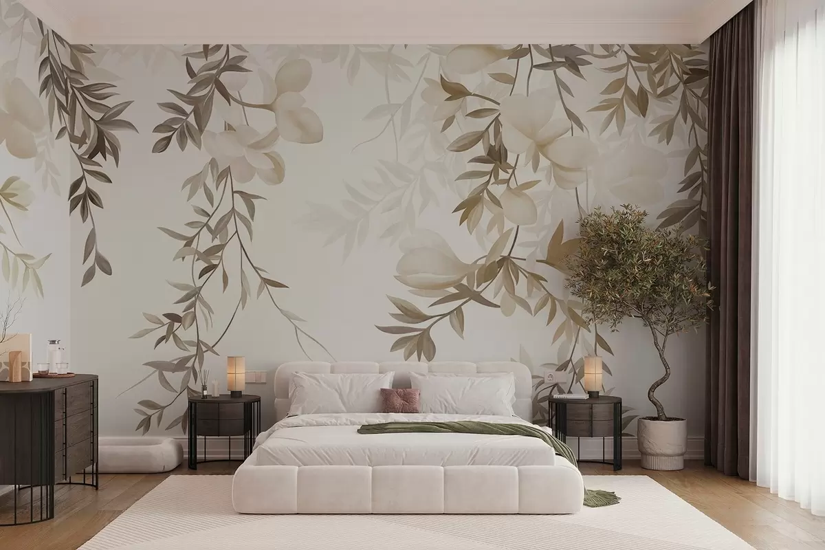 Fototapet Hängande pilgrenar och mjuka blommor i dämpade beige nyanser w10081
