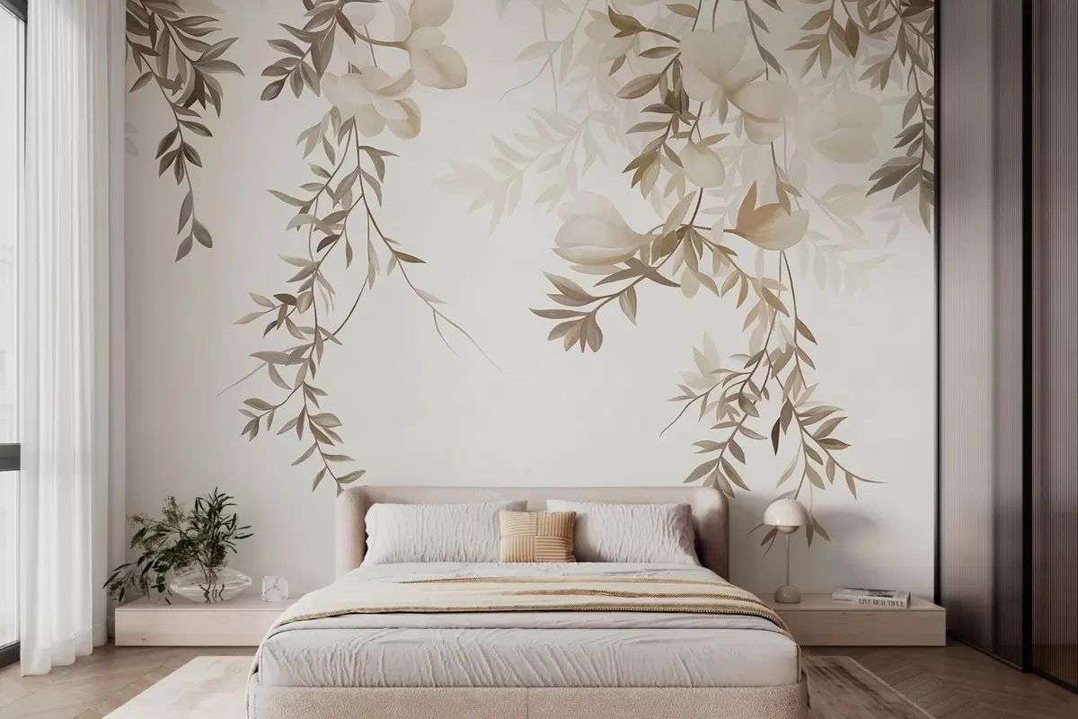 Fototapet Hängande pilgrenar och mjuka blommor i dämpade beige nyanser w10081