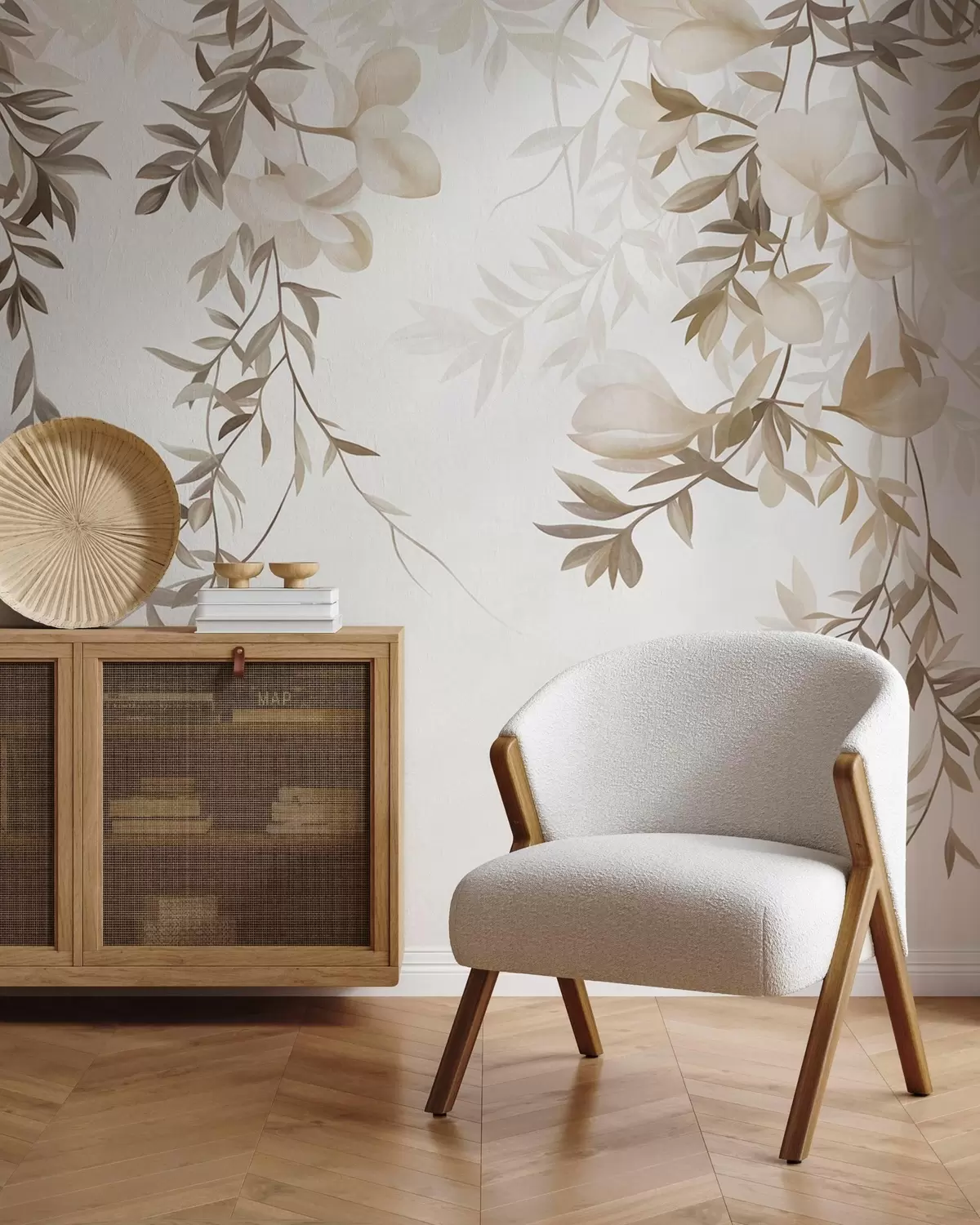 Fototapet Hängande pilgrenar och mjuka blommor i dämpade beige nyanser w10081