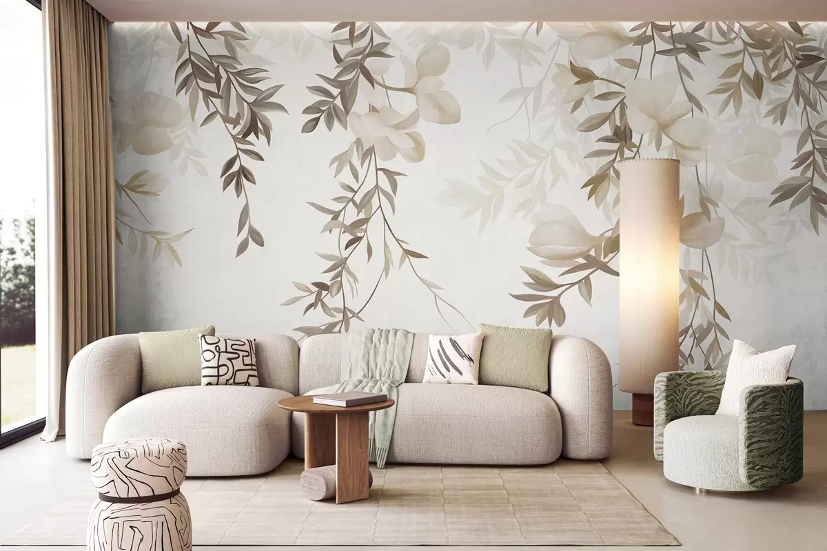 Fototapet Hängande pilgrenar och mjuka blommor i dämpade beige nyanser w10081
