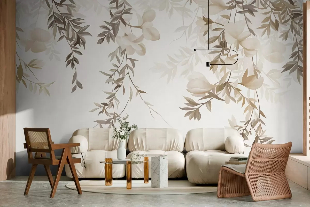 Fototapet Hängande pilgrenar och mjuka blommor i dämpade beige nyanser w10081