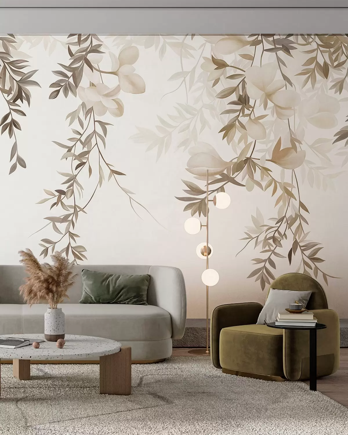 Fototapet Hängande pilgrenar och mjuka blommor i dämpade beige nyanser w10081