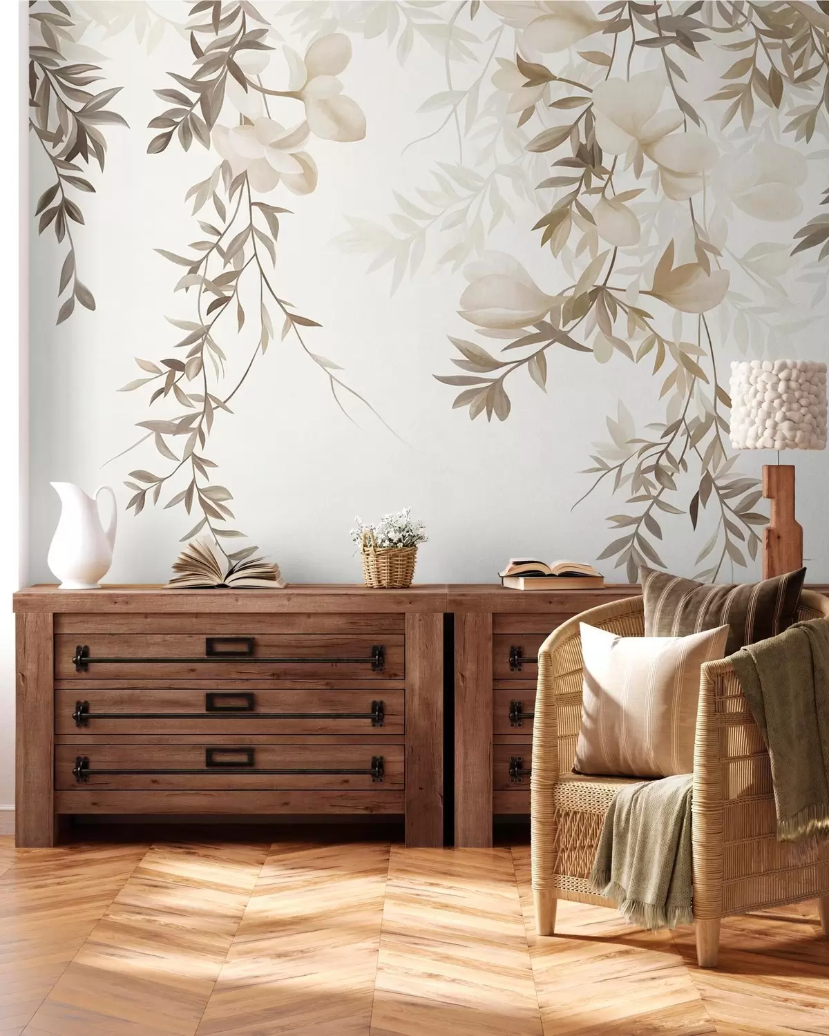 Fototapet Hängande pilgrenar och mjuka blommor i dämpade beige nyanser w10081