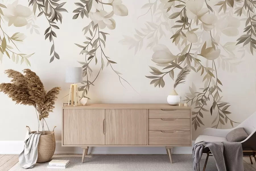 Fototapet Hängande pilgrenar och mjuka blommor i dämpade beige nyanser w10081