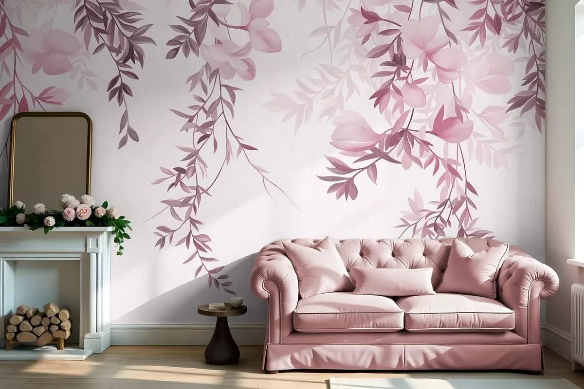 Fototapet Hängande pilgrenar och mjuka blommor i dämpade rosa nyanser w10081v1