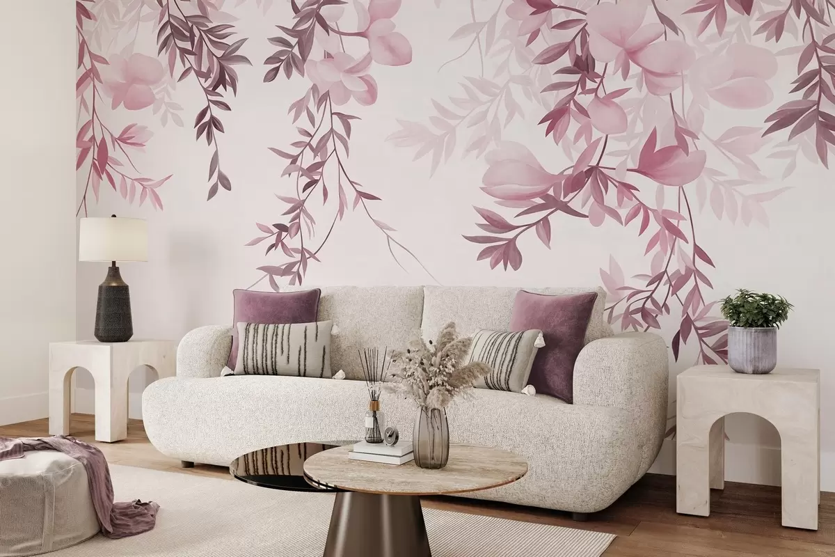Fototapet Hängande pilgrenar och mjuka blommor i dämpade rosa nyanser w10081v1