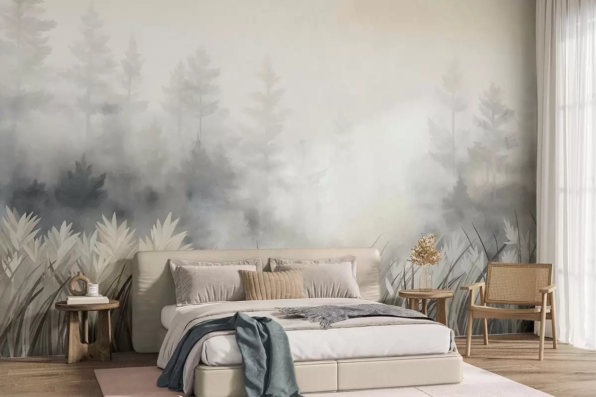 Fototapet Landskap med högt vildgräs och tallskog, minimalistisk stil med tydlig struktur w10082