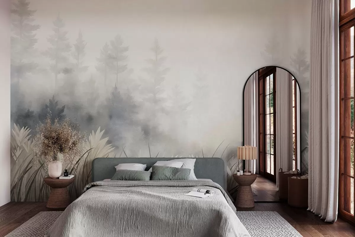 Fototapet Landskap med högt vildgräs och tallskog, minimalistisk stil med tydlig struktur w10082