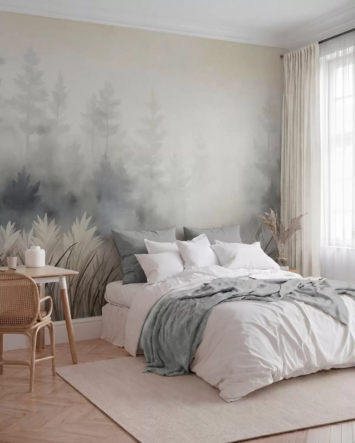 Fototapet Landskap med högt vildgräs och tallskog, minimalistisk stil med tydlig struktur w10082