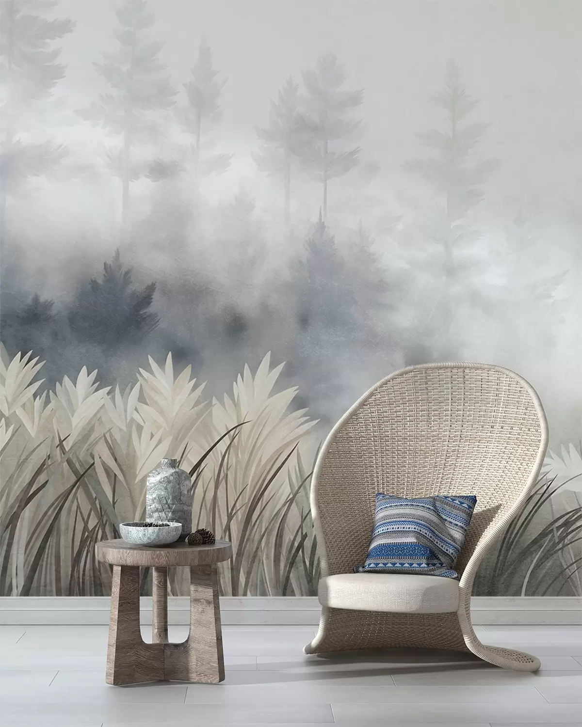 Fototapet Landskap med högt vildgräs och tallskog, minimalistisk stil med tydlig struktur w10082