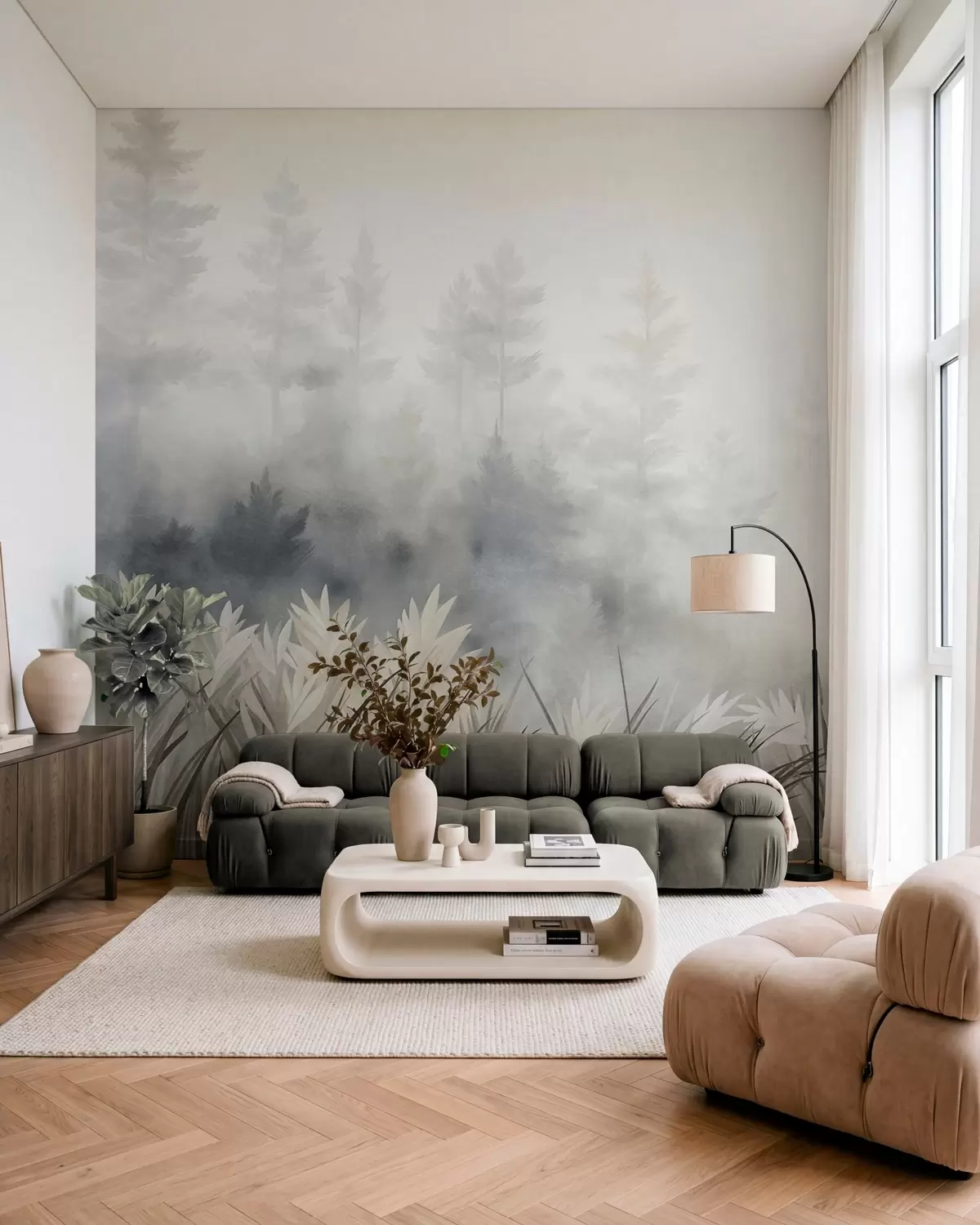 Fototapet Landskap med högt vildgräs och tallskog, minimalistisk stil med tydlig struktur w10082
